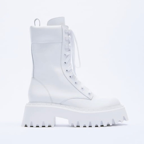 Zara White Lug Sole Lace-Up Leather Ankle Boots Size 37 - Picture 2 of 11